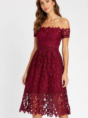 Chi Chi London Burgundy Lace Floral Midi Dress Off Shoulder Design Womens Size 6